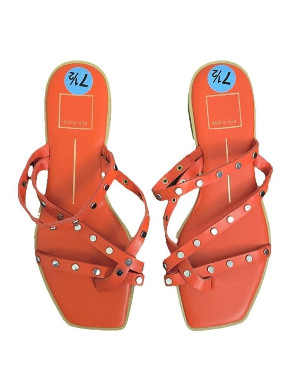 Dolce Vita Orange Ishita Strappy Square Toe Studded Flat Slide Sandals - 7.5